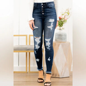 KanCan Janet High Rise Distressed Button‎ Fly Dark Denim Skinny Jeans. Size XL.